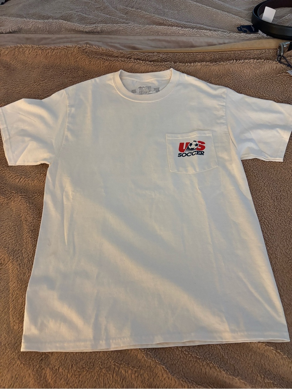 Original Retro Brand White Pocket Tee with Red & Blue USA Soccer Logo